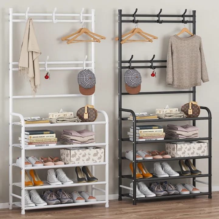 *Multifunctional 5 Tier Shoe Rack Organizer + Simple Floor Coat Hat Rack
