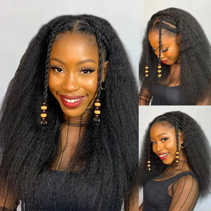 VSHOW Invisible Hairline 3 IN 1 Half Wig Yaki Kinky Straight Flip Over Elastic Drawstring Glueless Human Hair Wig For Beginner