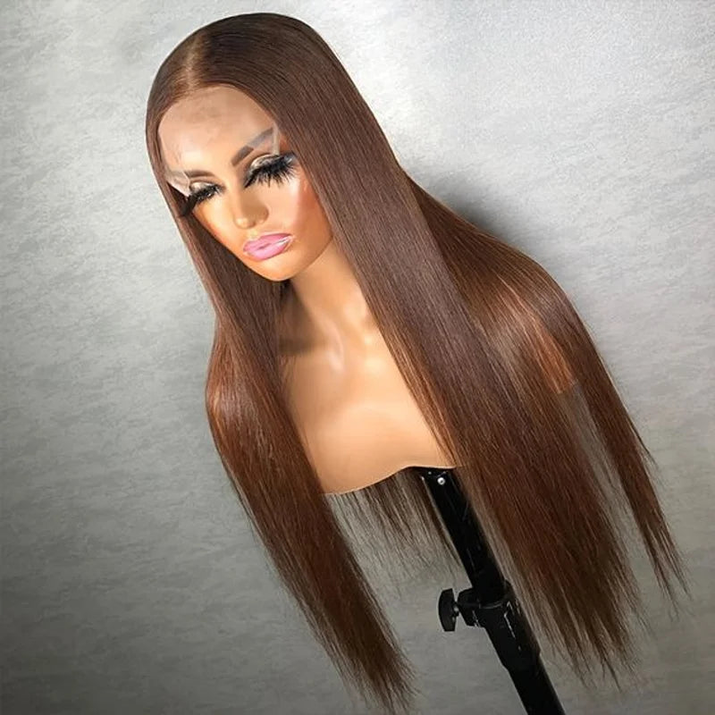 Brown Soft Preplucked Soft 26“Long Straight 180Density Lace Front Wig Synthetic For Women Heat Resistant Glueless
