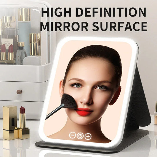 Fold LED Dimmable Makeup Mirror 3 Colors Light Adjustable Brightness USB Charging Fold Mirror Tabletop Vanity Mirror for Travel