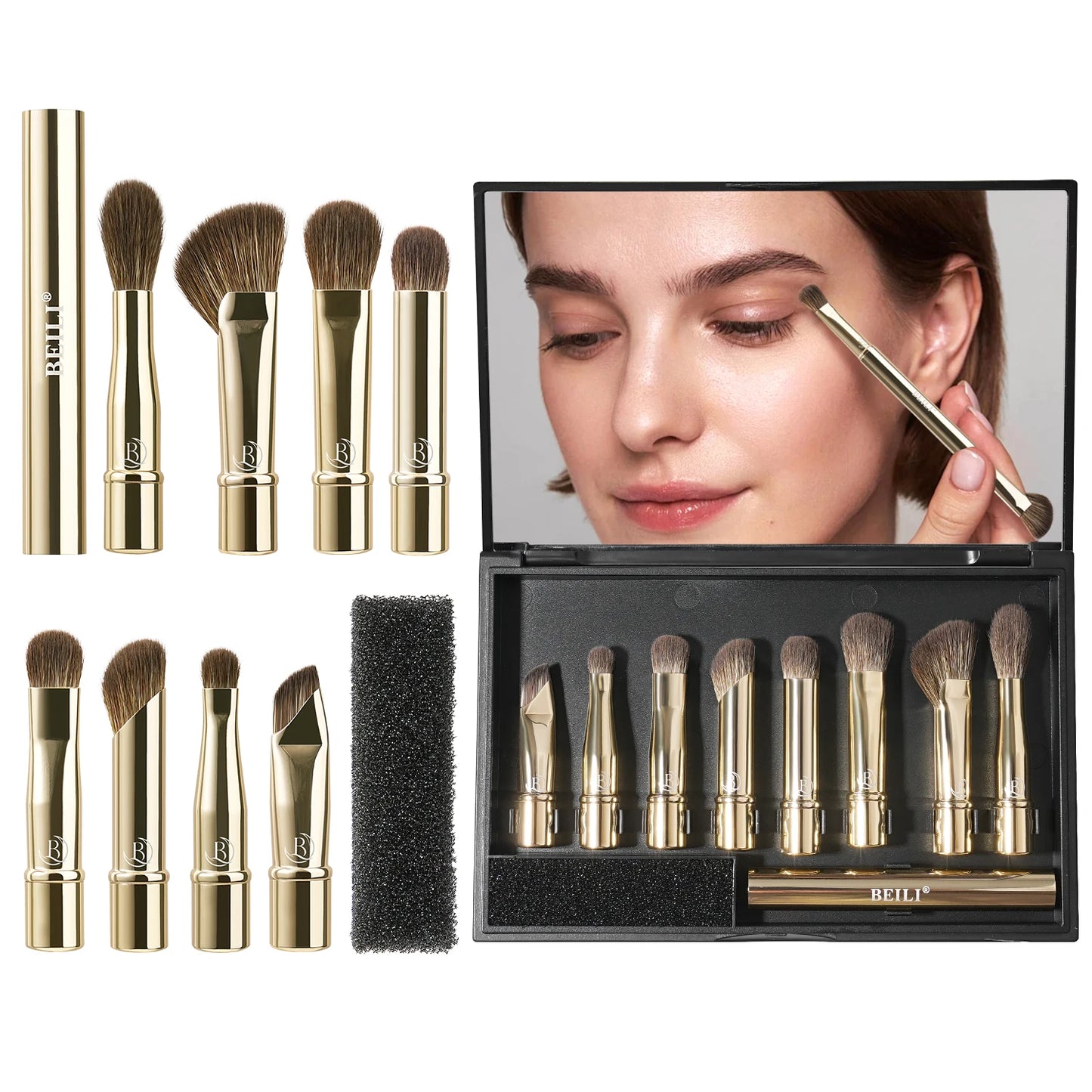 BEILI Portable Makeup Brushes Set For Professional Mini Mirror Dual 8 Pcs Eyeshadow Contour Angle Brush Travel Cosmetic Tool