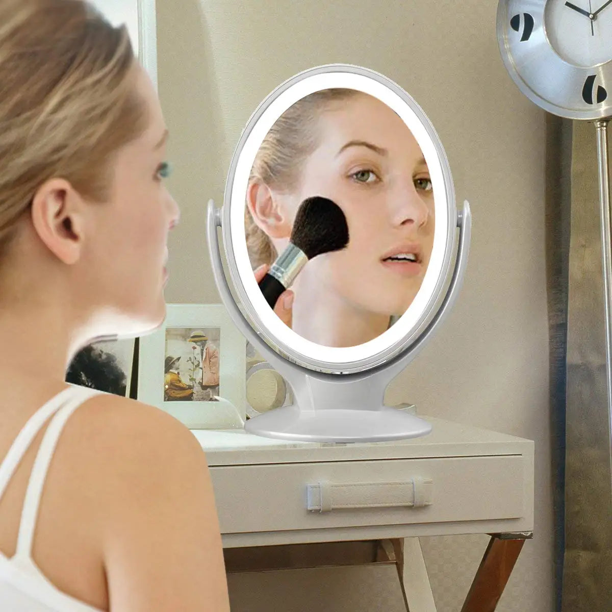 LED Cosmetic Mirror With Lights Double-Sided Makeup Mirror 7X Magnifying Rechargeable 360° Rotating Freestanding Portable