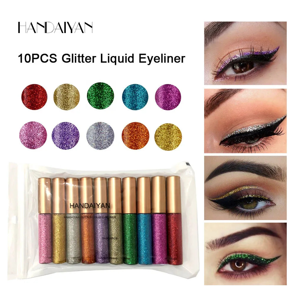 10pcs Liquid Glitter Eyeliner Set Metallic Shimmer Eye Liner Pen Long Lasting Sparkling Eyeshadow Tint Eyes Decoration Makeup