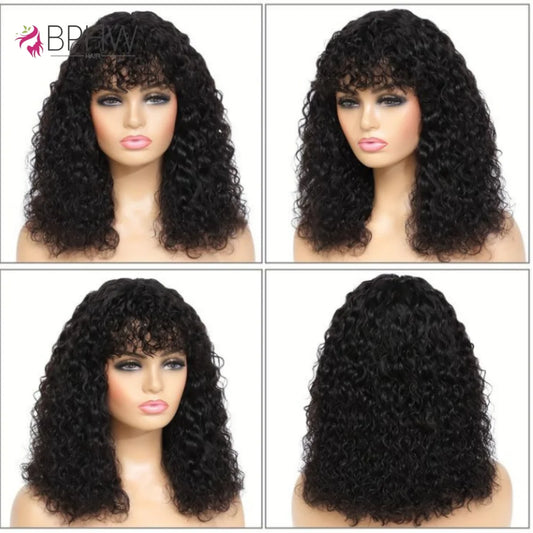 Water Wave Wig With Bangs Brazilian Human Hair For Women 180% Density Full Machine Made Deep Wave Curly Water Wigs BPHW Hair