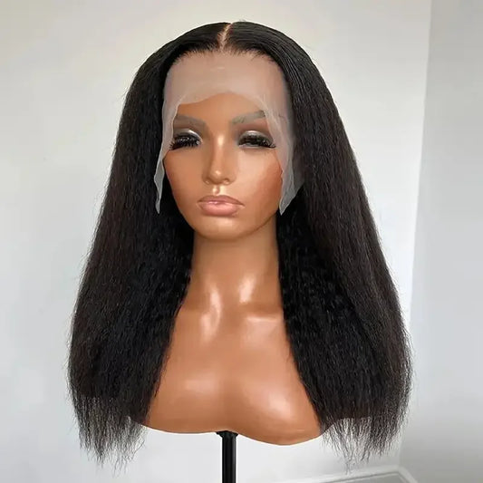 Black Yaki Lace Front Wig 30inch 180density Soft Kinky Straight Wig For Women Baby Hair Synthetic Wigs Heat Temperature Glueless