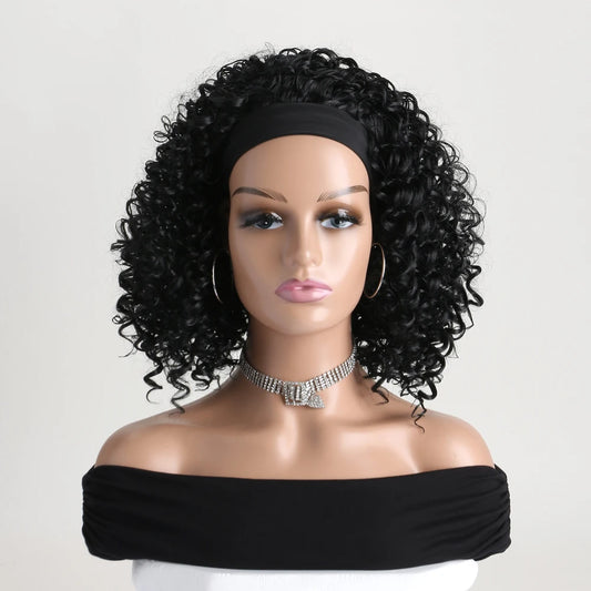 Short Straight Headband Synthetic Natural Kinky Curly Black Wigs for Black Women Daily Party Use Heat Resistant Fake Hair 