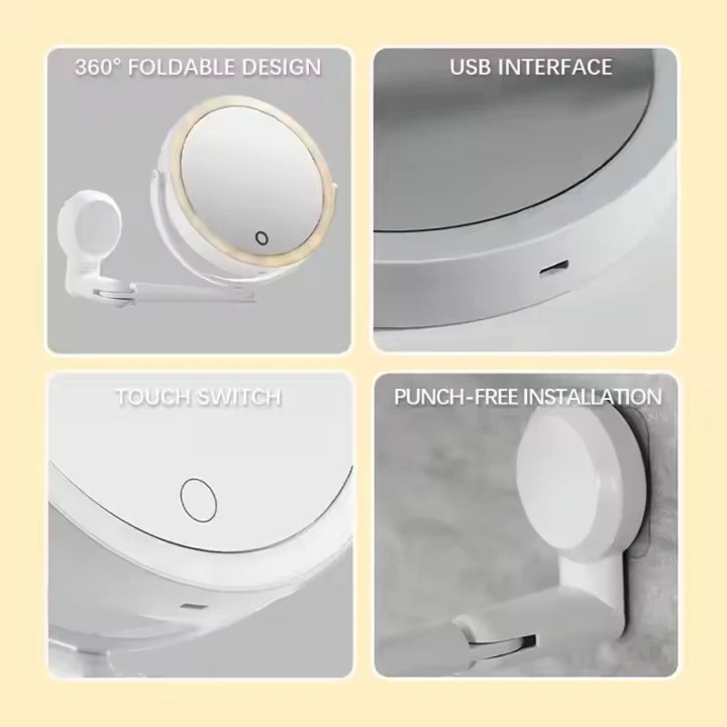 Wall LED Vanity Cosmetic Mirror with Touch Screen Foldable Dimming Makeup Mirror USB Charging 360 Rotation Double-sided Bathroom