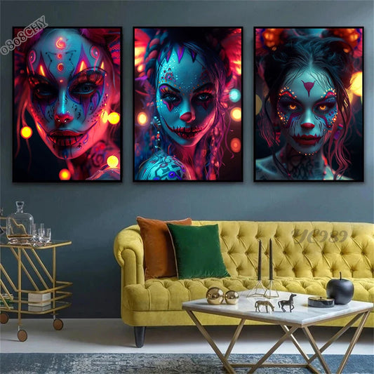 Cyber Mask Cool Girl Canvas Posters and Prints Halloween Makeup Girl Pictures Canvas Paintings for Home Bedroom Decor No Frame