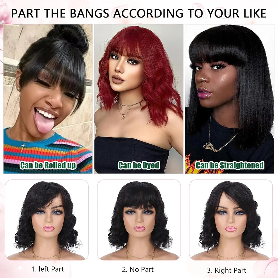 Body Wave Wigs With Bangs Brazilian Human Hair Wig With Bangs For Women Glueless Wear and Go Machine Made Wig Short Bob Wig Sale