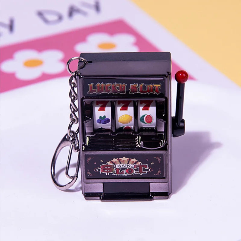 Funny Mini Slot Machine Keychain Luck Fruit Slot Gaming Machine Toy Keyring Lotto Game Bingo For Kid Cool Bag Pendant Charm Gift