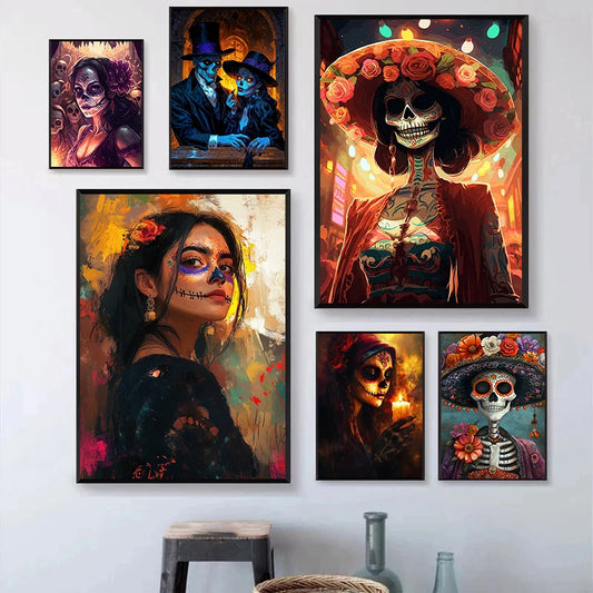 Classic Mexican Day Of The Dead Dance Posters Skeleton Makeup Woman Lit Candle Modern Prints Canvas Wall Picture Home Room Decor