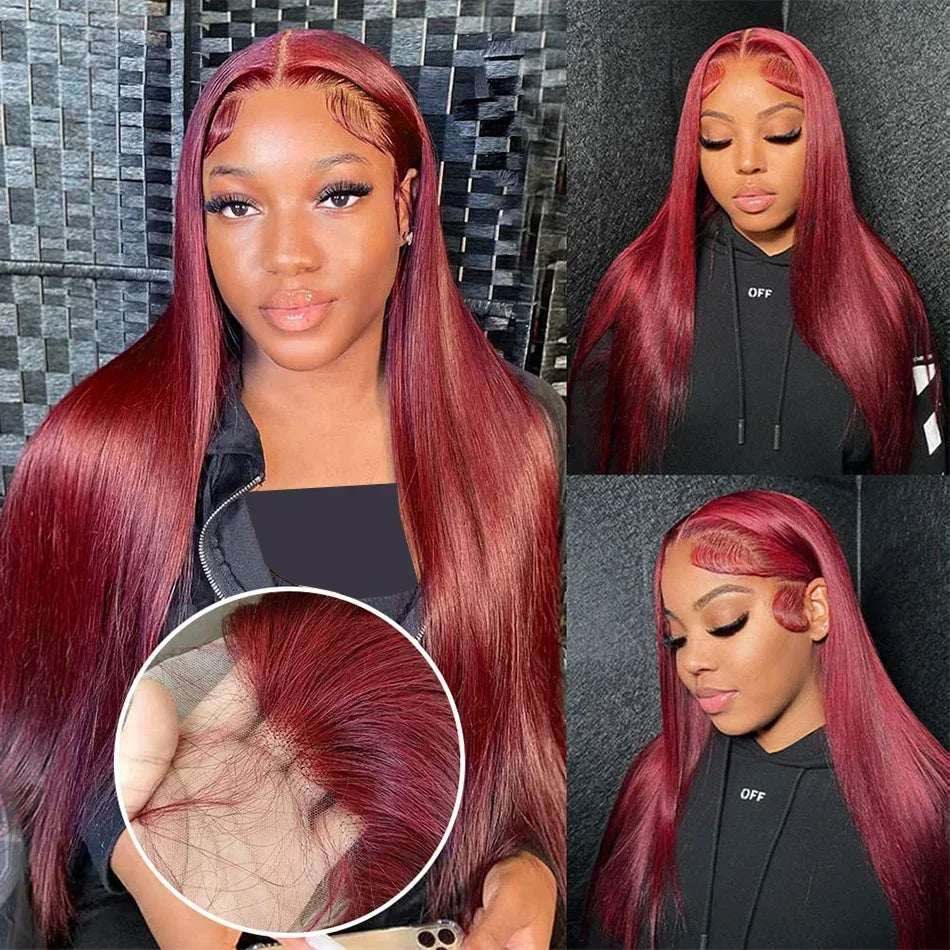 99J Colored Straight Lace Front Human Hair Wigs Straight Burgundy 13x6 Transparent Lace Frontal Wig Red Wine Wig For Women Pre P