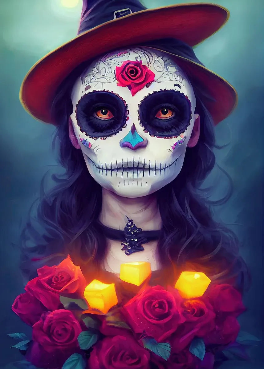 Classic Mexican Day Of The Dead Dance Posters Skeleton Makeup Woman Lit Candle Modern Prints Canvas Wall Picture Home Room Decor