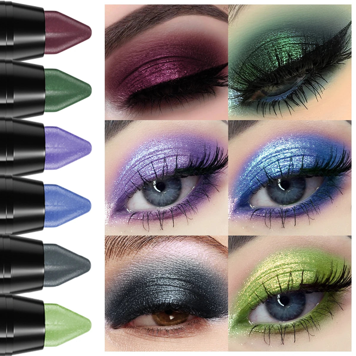 6pc Metallic Purple Green Blue Eyeshadow Pencil Glitter Silkworm Liner Pen Makeup Long Lasting Gold Cream Eye Shadow Stick