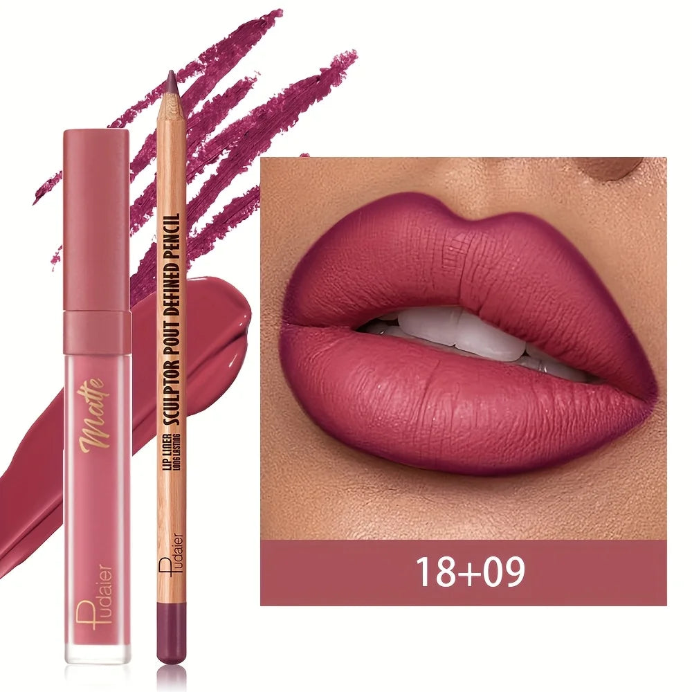 2pcs Velvet matte lip liner and lipstick set, durable, waterproof, sweat-proof and easy to color.Suitable for daily makeup looks