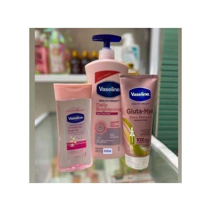 Vaseline 3 In 1 Brightening Package: Intensive Care Vitamin B3 Body Oil 200ML + Daily Brightening Even Tone Lotion 600ML+ Gluta-Hya Dewy Radiance Serum Burst Lotion