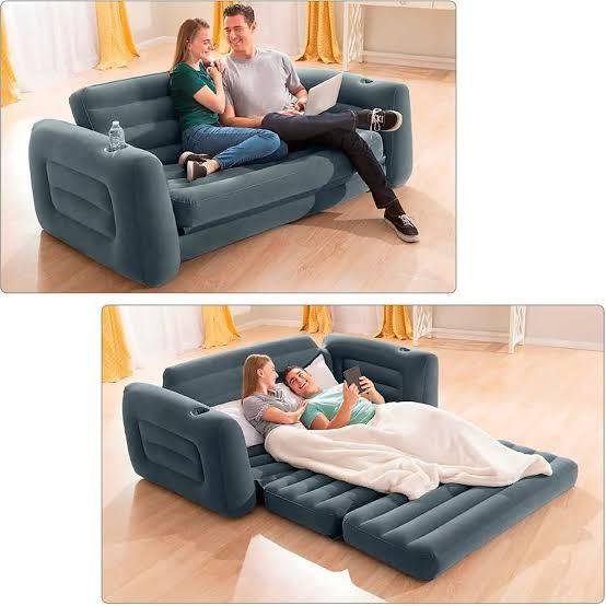 Intex Queen Size Inflatable Pull-Out Sofa Bed Sleep Away Futon Couch with 2 Cupholders