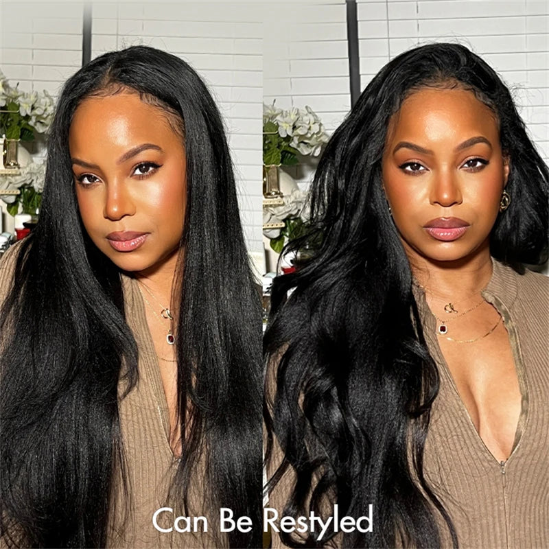 VSHOW Invisible Hairline 3 IN 1 Half Wig Yaki Kinky Straight Flip Over Elastic Drawstring Glueless Human Hair Wig For Beginner