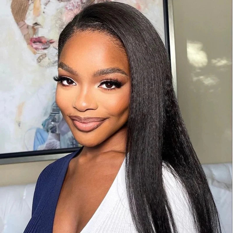 VSHOW Invisible Hairline 3 IN 1 Half Wig Yaki Kinky Straight Flip Over Elastic Drawstring Glueless Human Hair Wig For Beginner