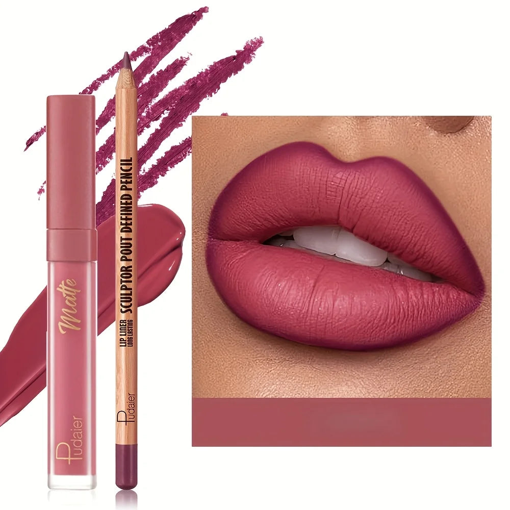 2pcs Velvet matte lip liner and lipstick set, durable, waterproof, sweat-proof and easy to color.Suitable for daily makeup looks