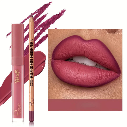 2pcs Velvet matte lip liner and lipstick set, durable, waterproof, sweat-proof and easy to color.Suitable for daily makeup looks