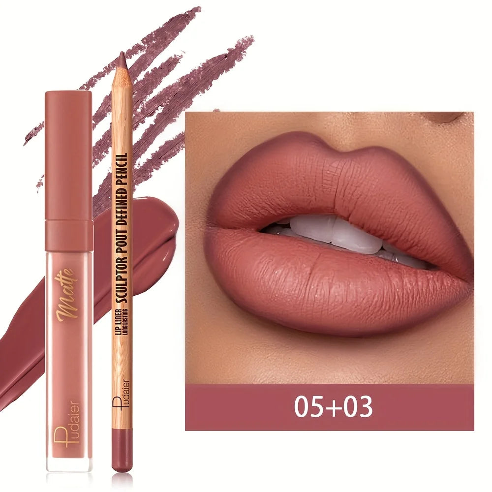 2pcs Velvet matte lip liner and lipstick set, durable, waterproof, sweat-proof and easy to color.Suitable for daily makeup looks