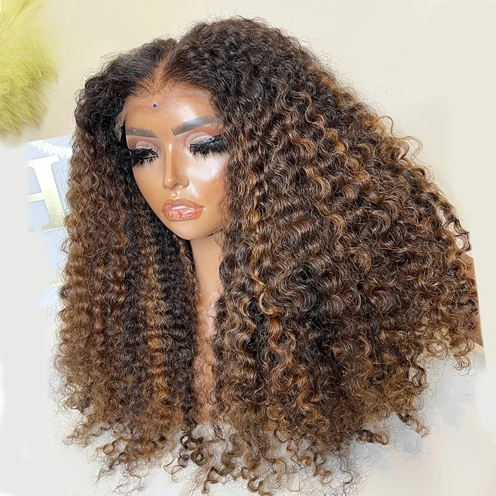 26Inch Soft Preplucked  Highlight Brown180Density kinky Curly Lace Front Wig Synthetic Baby Hair Glueless Daily Wear Wig