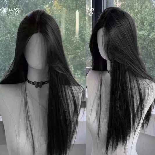 Black Synthetic Wig With a Feminine Charm. Long Straight Hair In The Middle Part. Natural Full Head Cover For Daily Cosplay