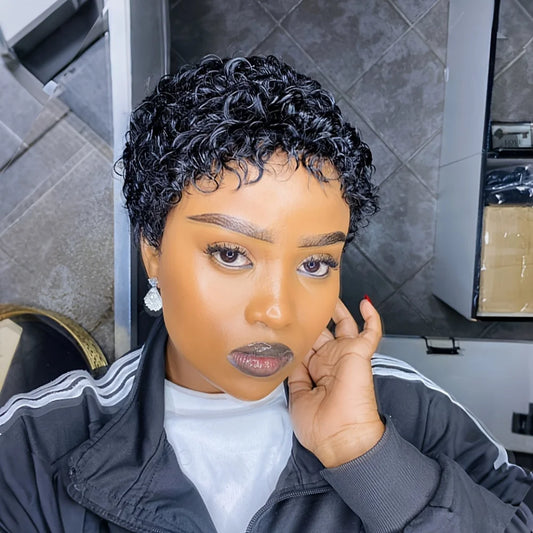 Jerry Curly Wave Pixie cut Human Hair Wig Short Hair Wig Wig Full Machine Made for Women