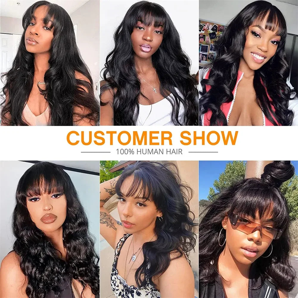 FUGANGXIU 12A body wave wig with bangs 100% women's human hair wig without glue fully machine-made wig with bangs body wave wig