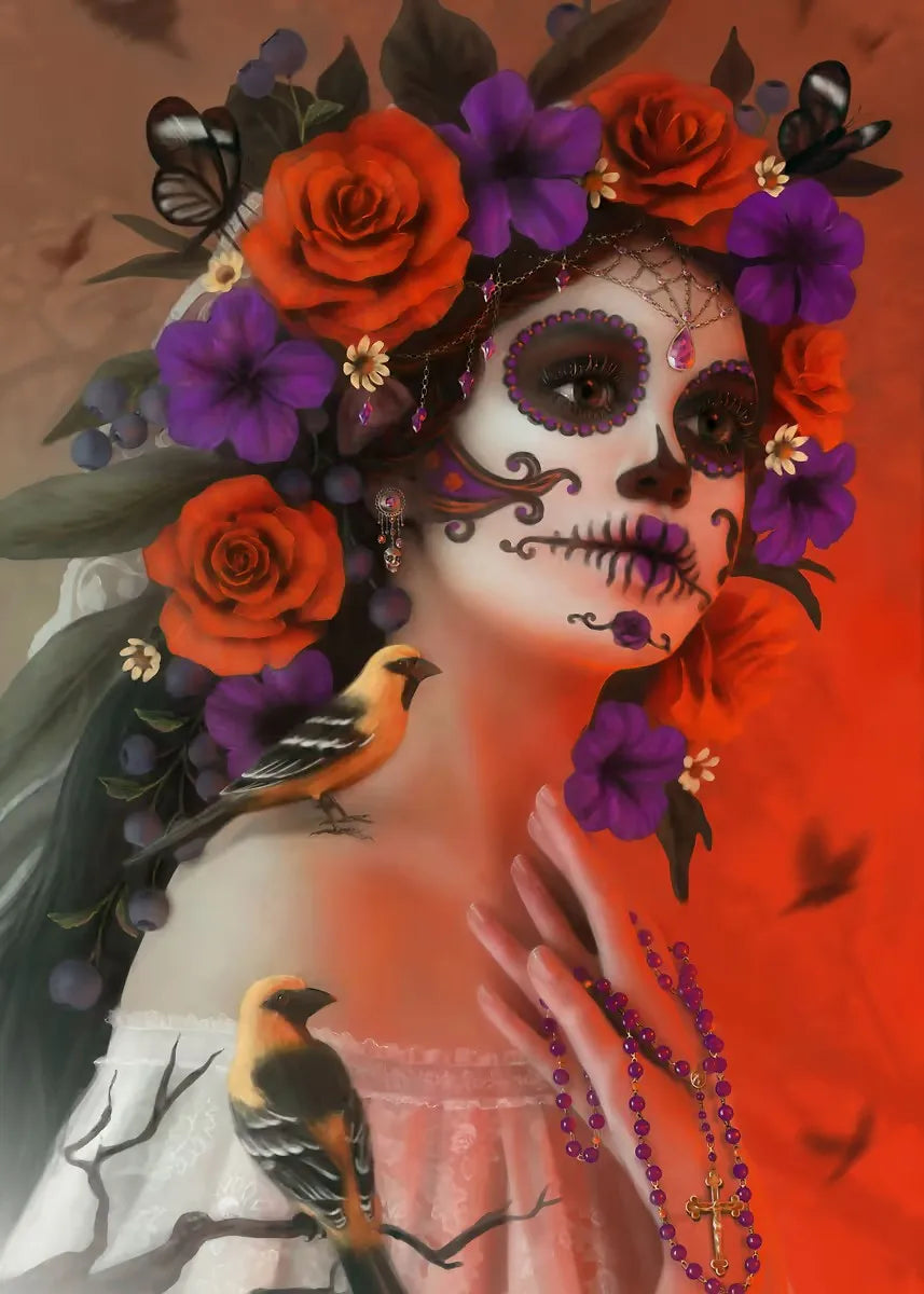 Classic Mexican Day Of The Dead Dance Posters Skeleton Makeup Woman Lit Candle Modern Prints Canvas Wall Picture Home Room Decor
