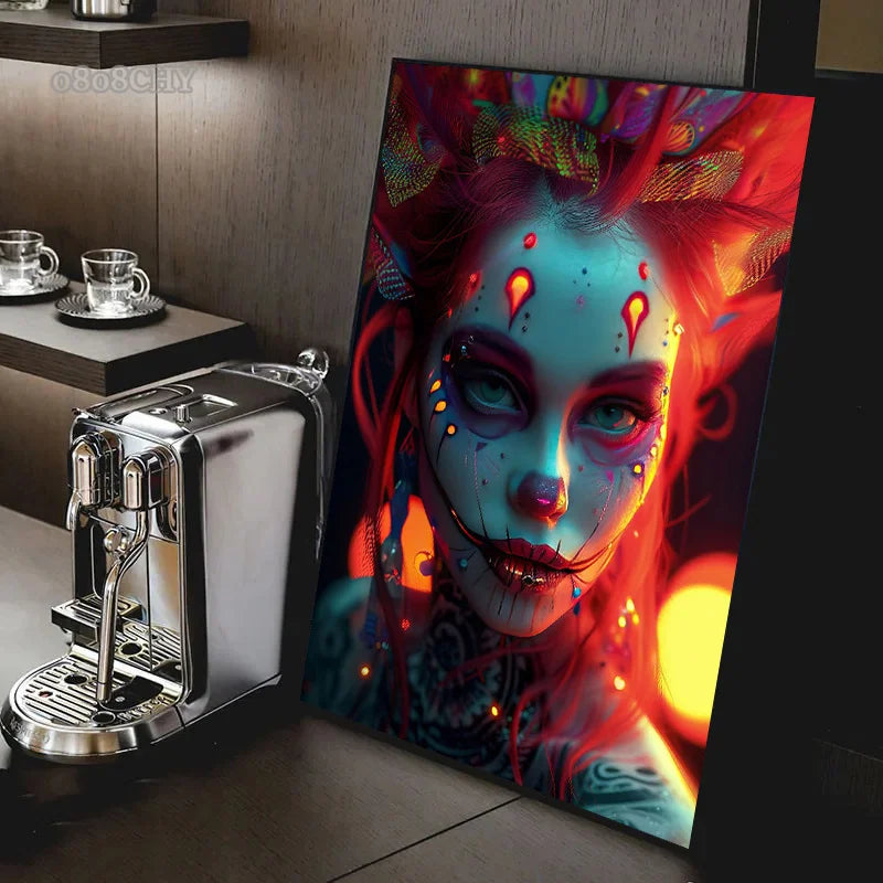 Cyber Mask Cool Girl Canvas Posters and Prints Halloween Makeup Girl Pictures Canvas Paintings for Home Bedroom Decor No Frame