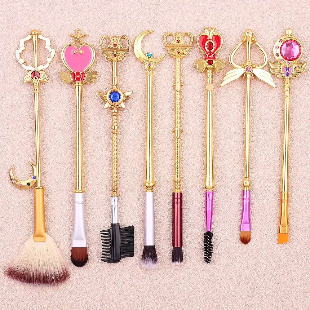 8pcs/set Sailor Moon Makeup Brushes Cartoon Figure Tsukino Usagi Wand Women Foundation Blush Eyeshadow Cosmetics Brushes Kits