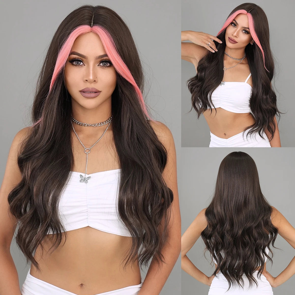 NAMM Highlight Skunk Red Wig Body Wave Synthetic Black Wig for Women Daily Party Use Highlight Red Wavy Wigs with Fluffy Bangs