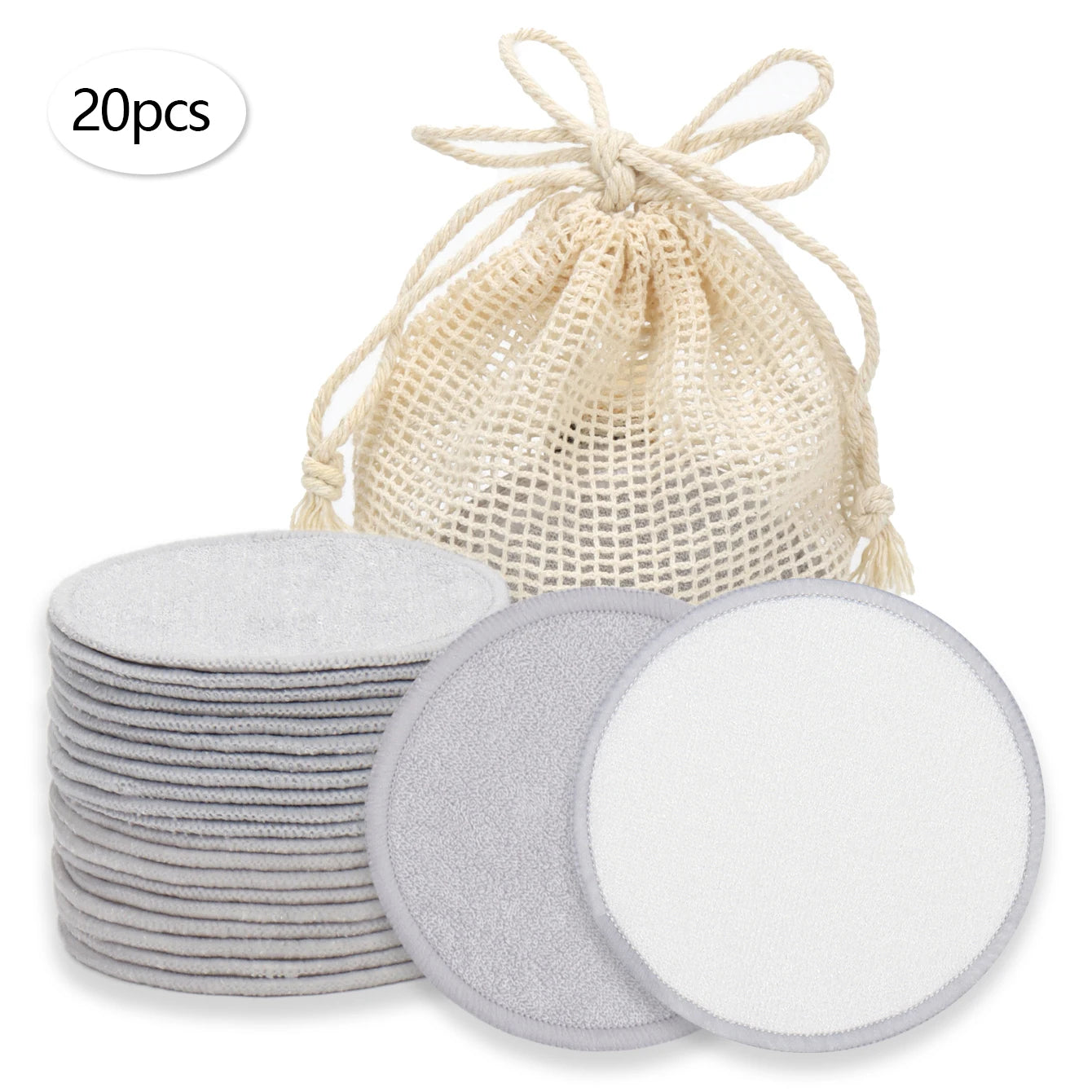Double Round Makeup Remover Pads 20Pcs + Cleaning Mesh Bag, Machine Washable, Reusable, Suitable for All Skin Types