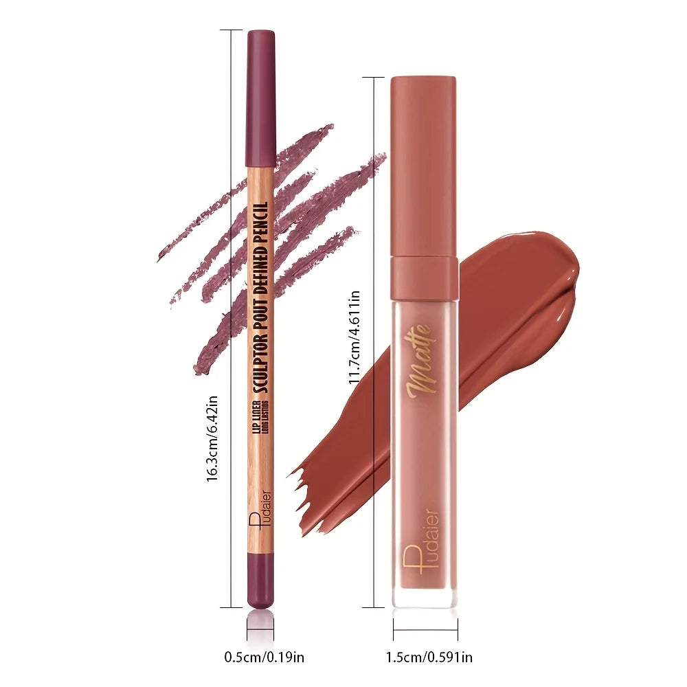 2pcs Velvet matte lip liner and lipstick set, durable, waterproof, sweat-proof and easy to color.Suitable for daily makeup looks