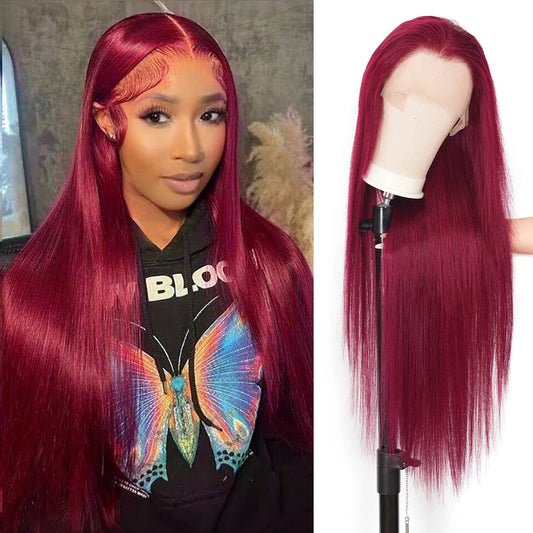 99J Colored Straight Lace Front Human Hair Wigs Straight Burgundy 13x6 Transparent Lace Frontal Wig Red Wine Wig For Women Pre P