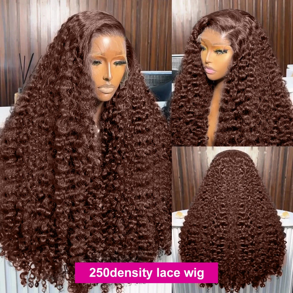 200% Chocolate Brown Deep Wave Human Hair Wig 30 38Inch Transparent Lace Frontal Wigs For Women 13x6 Lace Front Water Curly Wigs