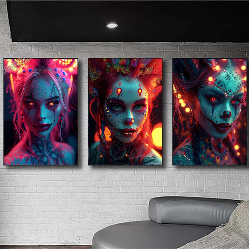 Cyber Mask Cool Girl Canvas Posters and Prints Halloween Makeup Girl Pictures Canvas Paintings for Home Bedroom Decor No Frame