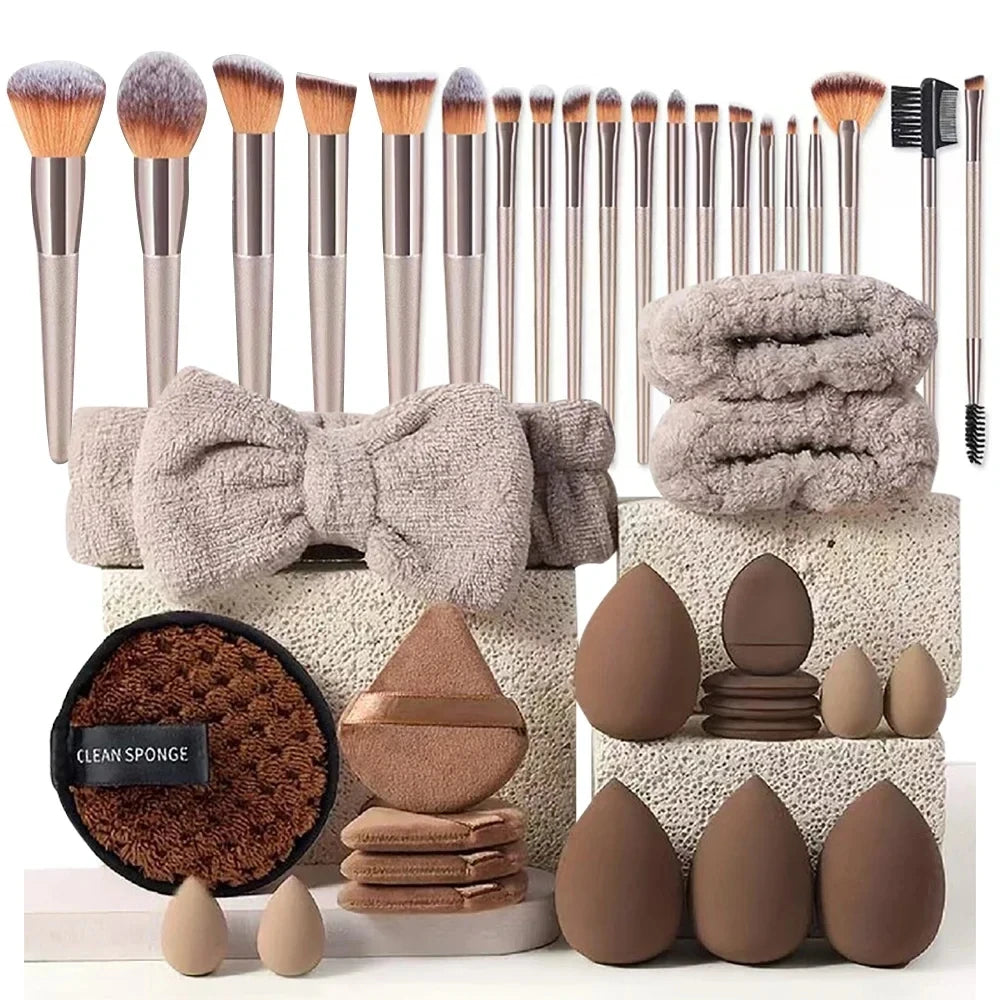 12pcs Professional Makeup Brush Set Incl. Eyeshadow, Powder, Blush Brushes, 2pcs Makeup Sponges, 1pc Powder Puff, Complete Trave