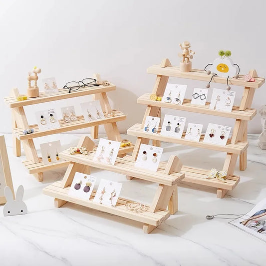 2-4 Tier Ear Stud Holder Wooden Jewelry Earring Dispaly Stand Shelf Cupcake Makeup Mini Figure Organizer Showcase Rack Riser