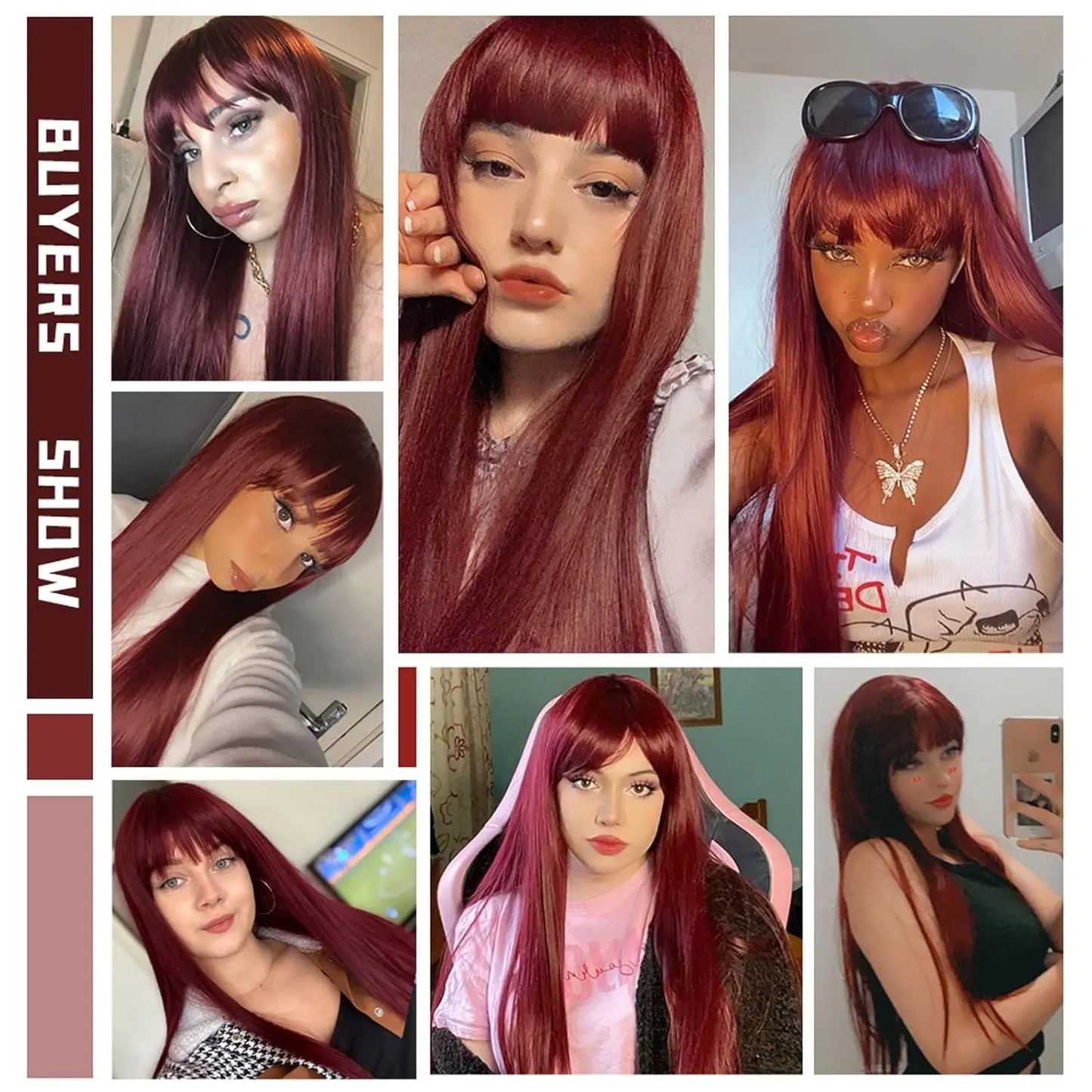 Light Wine Red Synthetic Wigs With Bangs for Women Long Straight Hair Wig Natural Cosplay Party Heat Resistant