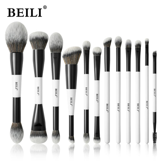 BEILI Dual-ended Makeup Brush Set Professional 12 Pcs Vegan Contour Foundation Powder Eyebrow Bronzer Brushes Cosmetics Kit