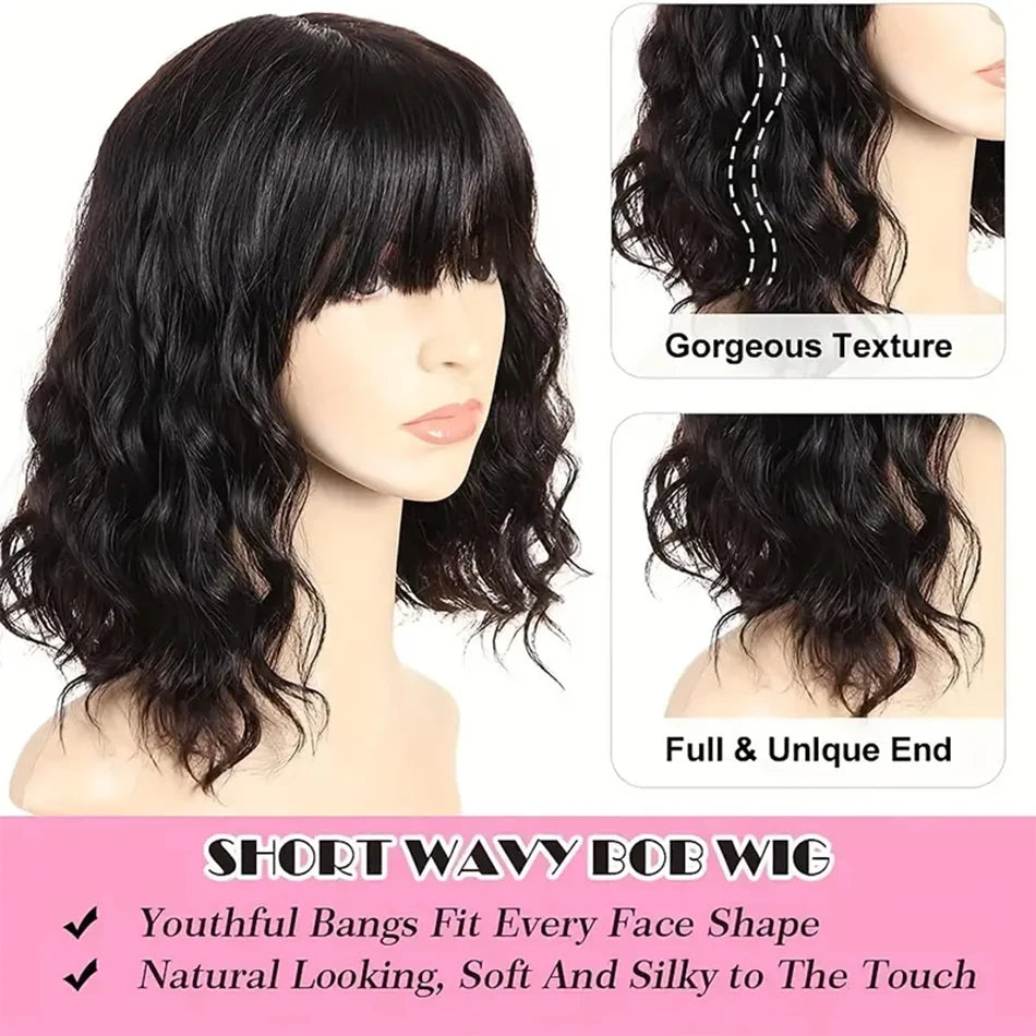 Body Wave Wigs With Bangs Brazilian Human Hair Wig With Bangs For Women Glueless Wear and Go Machine Made Wig Short Bob Wig Sale