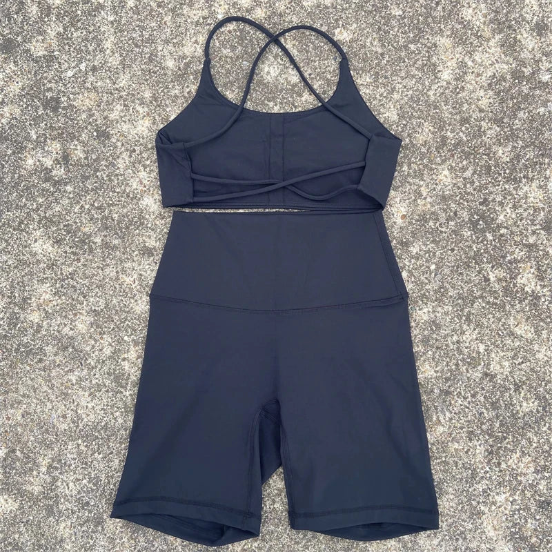 Solid Color Soft Gym Yoga Set Short Legging +Cross Back Sport Bra Tracksuit Women Gym Suit Comprehensive Training Jog Athletic