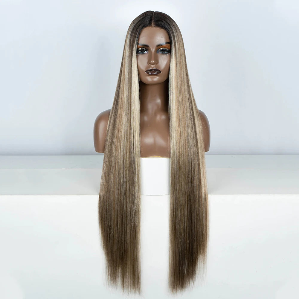 Synthetic Lace Front Wigs Highlight Brwon Blonde Black Wig For Women Long Straight  Lace WIg 38Inch Synthetic Heat Resistant Wig