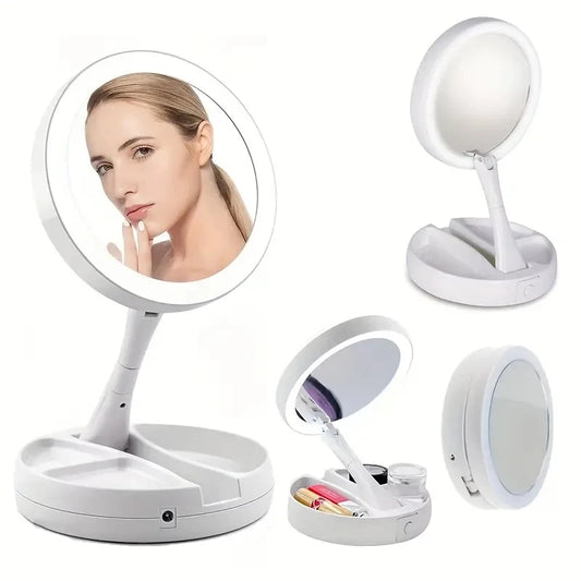 Double-Sided Travel LED Makeup Mirror with 10X Magnification Folding Portable Cosmetic Mirror with Lights Dual Powered Supply