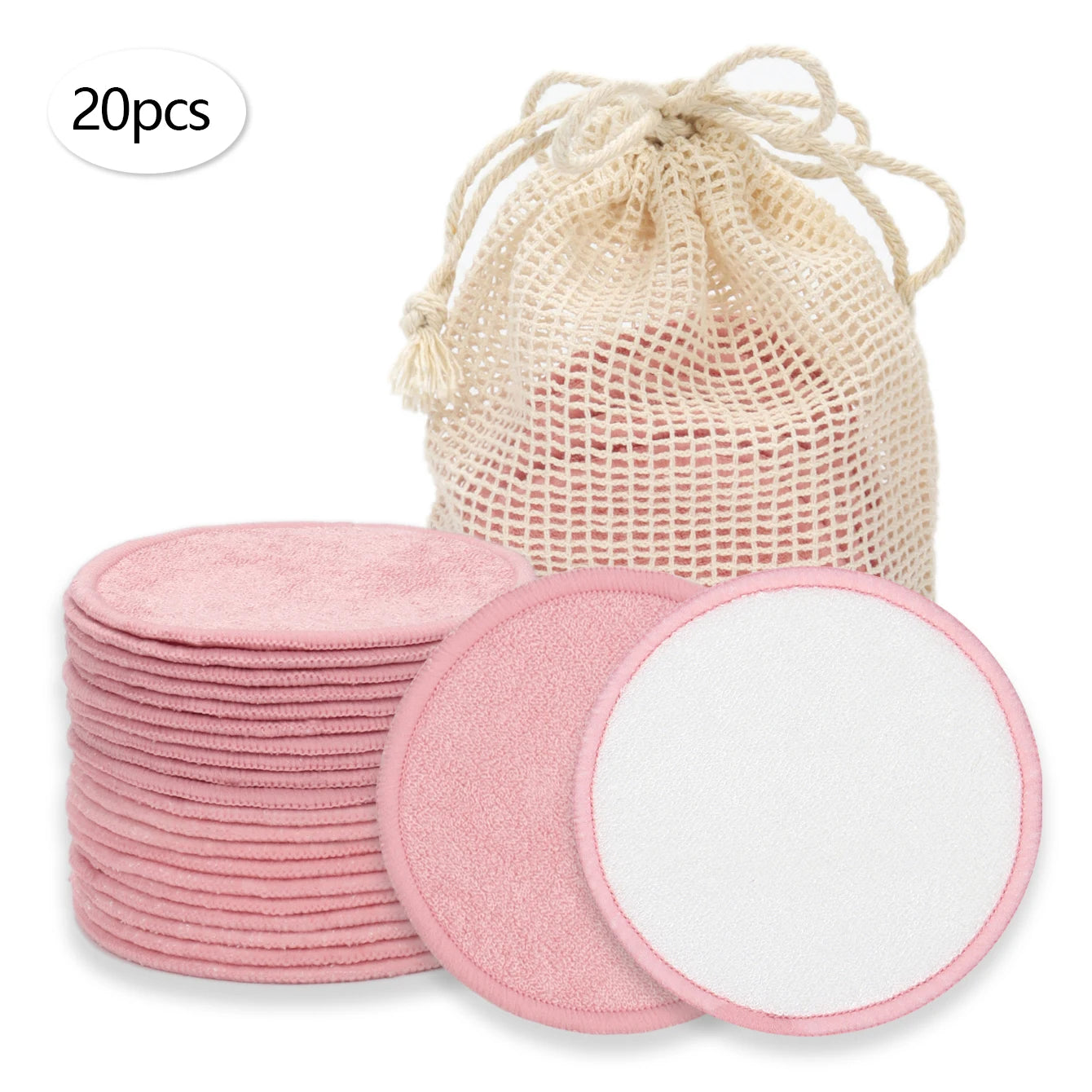 Double Round Makeup Remover Pads 20Pcs + Cleaning Mesh Bag, Machine Washable, Reusable, Suitable for All Skin Types