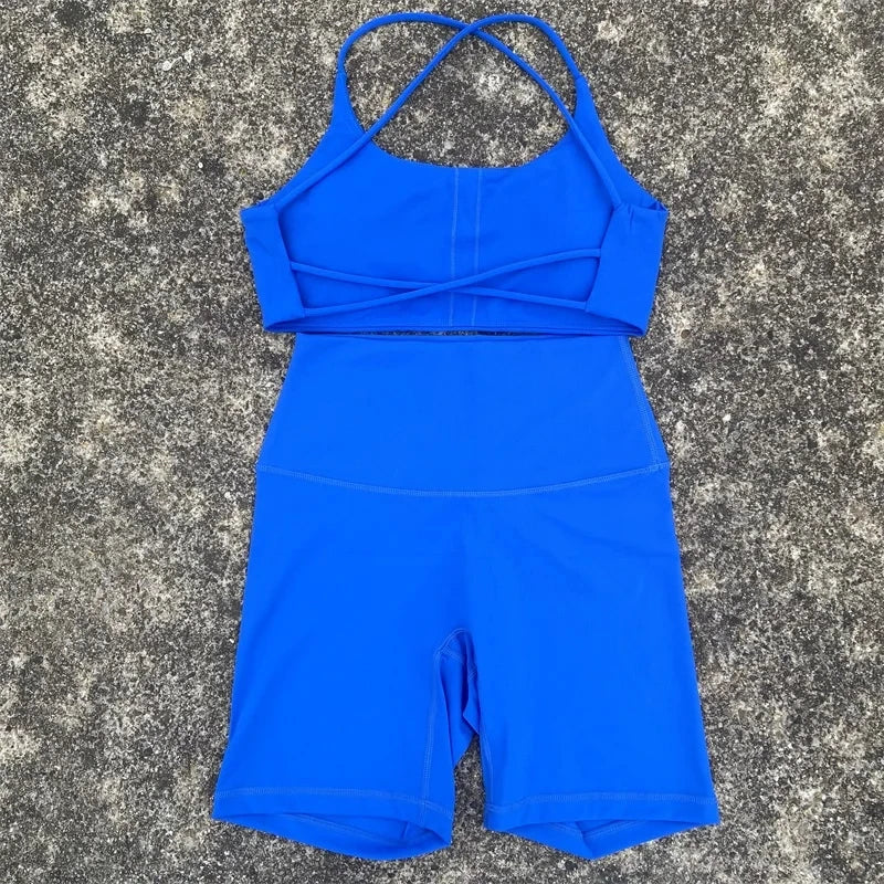 Solid Color Soft Gym Yoga Set Short Legging +Cross Back Sport Bra Tracksuit Women Gym Suit Comprehensive Training Jog Athletic