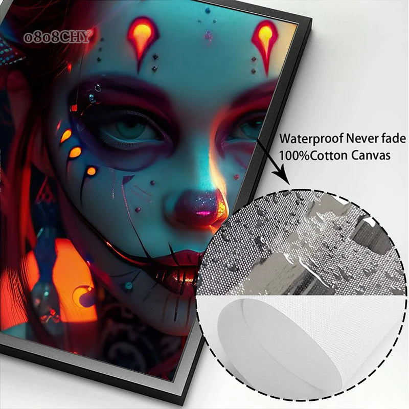 Cyber Mask Cool Girl Canvas Posters and Prints Halloween Makeup Girl Pictures Canvas Paintings for Home Bedroom Decor No Frame